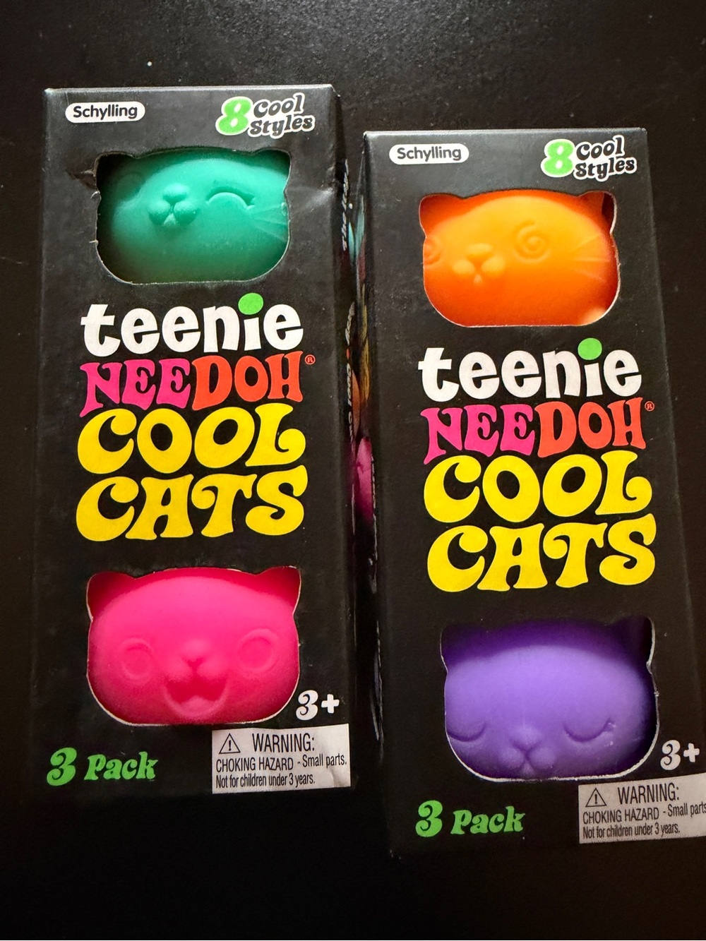 New 2 Nee Doh Schylling Teenie Cool Cats 3-pk Squishy Sensory Toys Teal Purple E